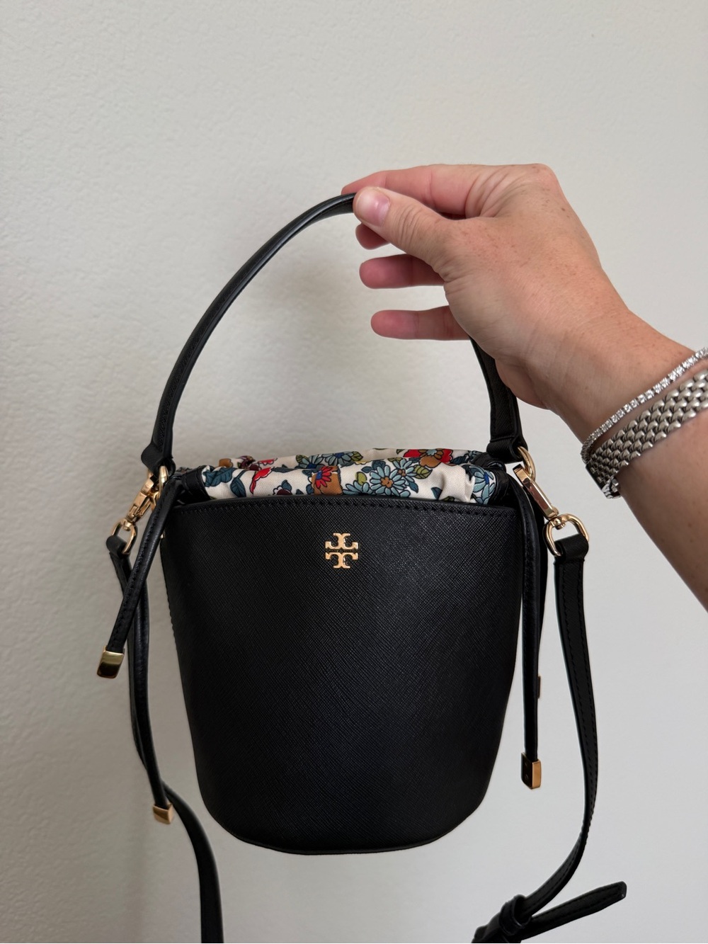 Tory Burch Emerson Mini Bucket Bag Black Leather Floral Insert